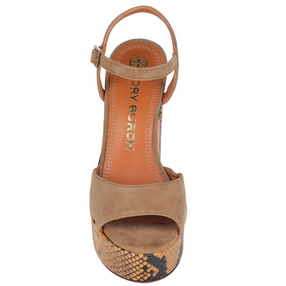 NEW TORY BURCH Platform Snakeskin Print Suede Leather Sandal Gold Buckle US 9 - Picture 4 of 6